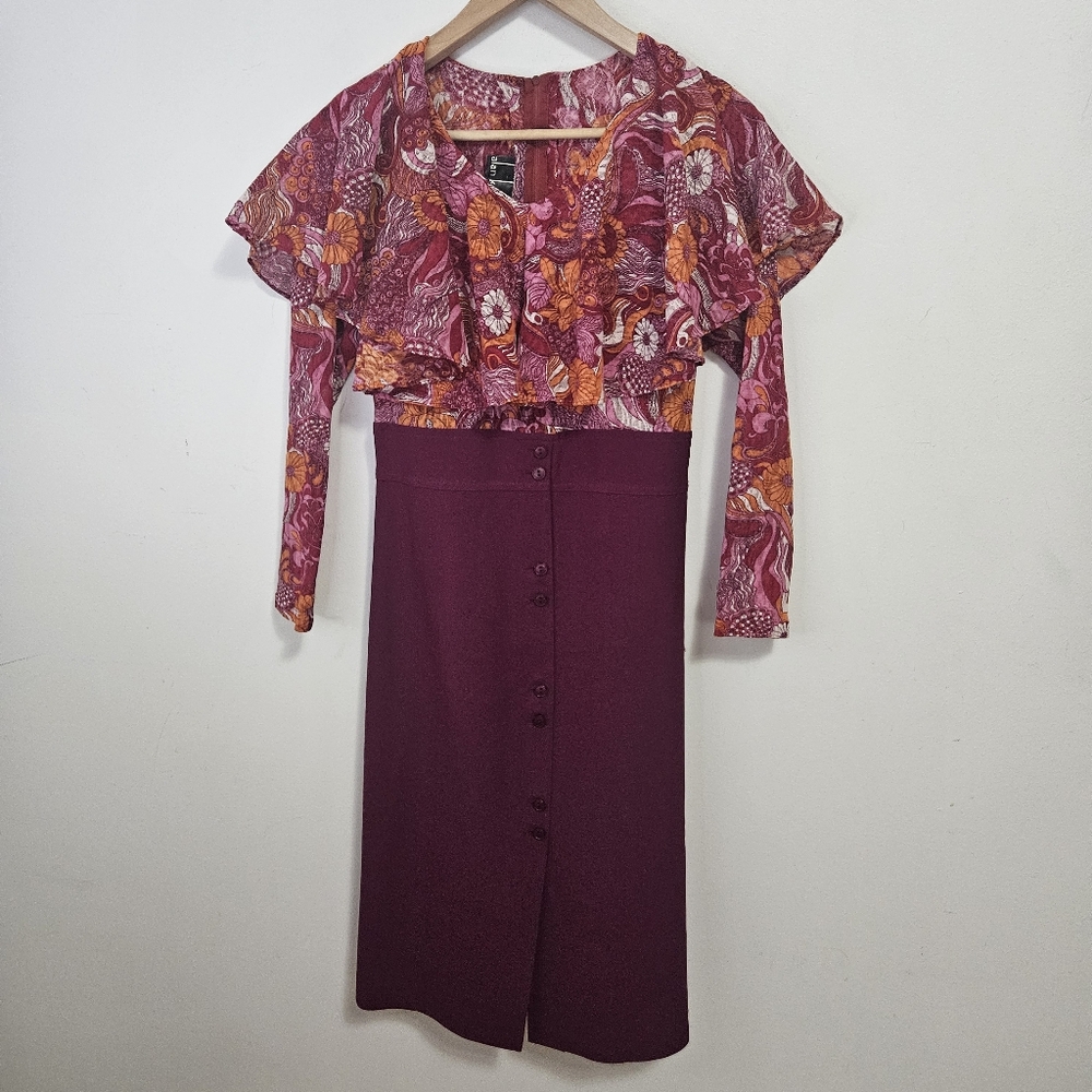 Vintage 1970s Alan Kodie Prairie Midi Dress S/M Floral Ruffle Top Magenta Boho